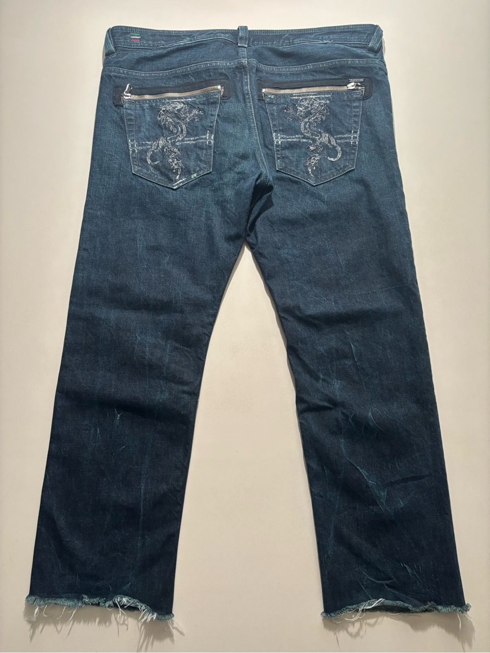 Archive faded Dark indigo dragon embroidered diesel jeans 2006 (fray string cut)